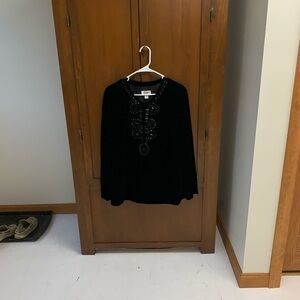 Talbots black silk velvet blouse jeweled sequin neckline button sleeve size 12